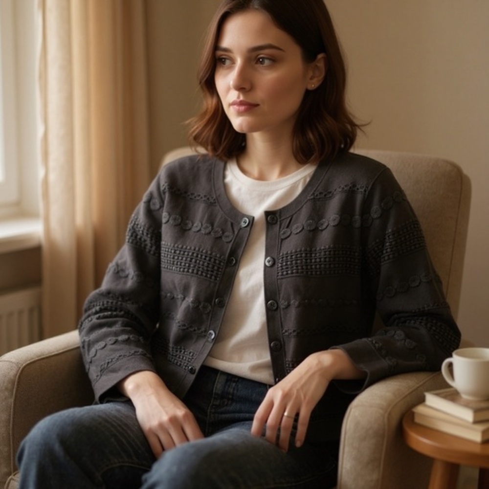 Black Embroidered Cardigan With Three Quarter Inch Sleeves